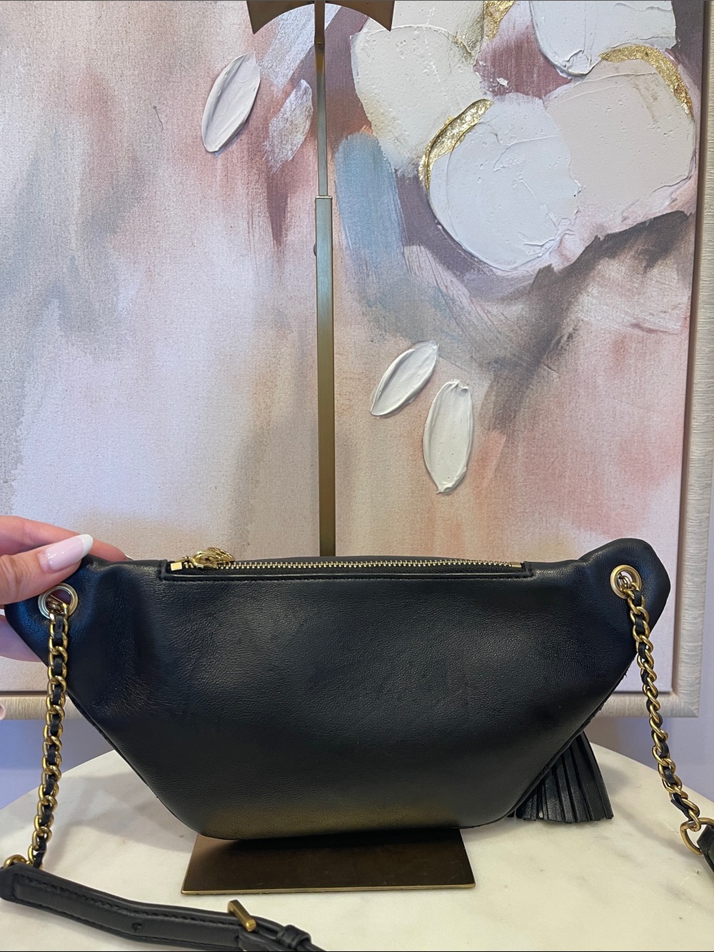 Tory Burch Black Quilted Fleming 
Leather Crossbody Belt Bag with Tassel - Picture 6 of 9